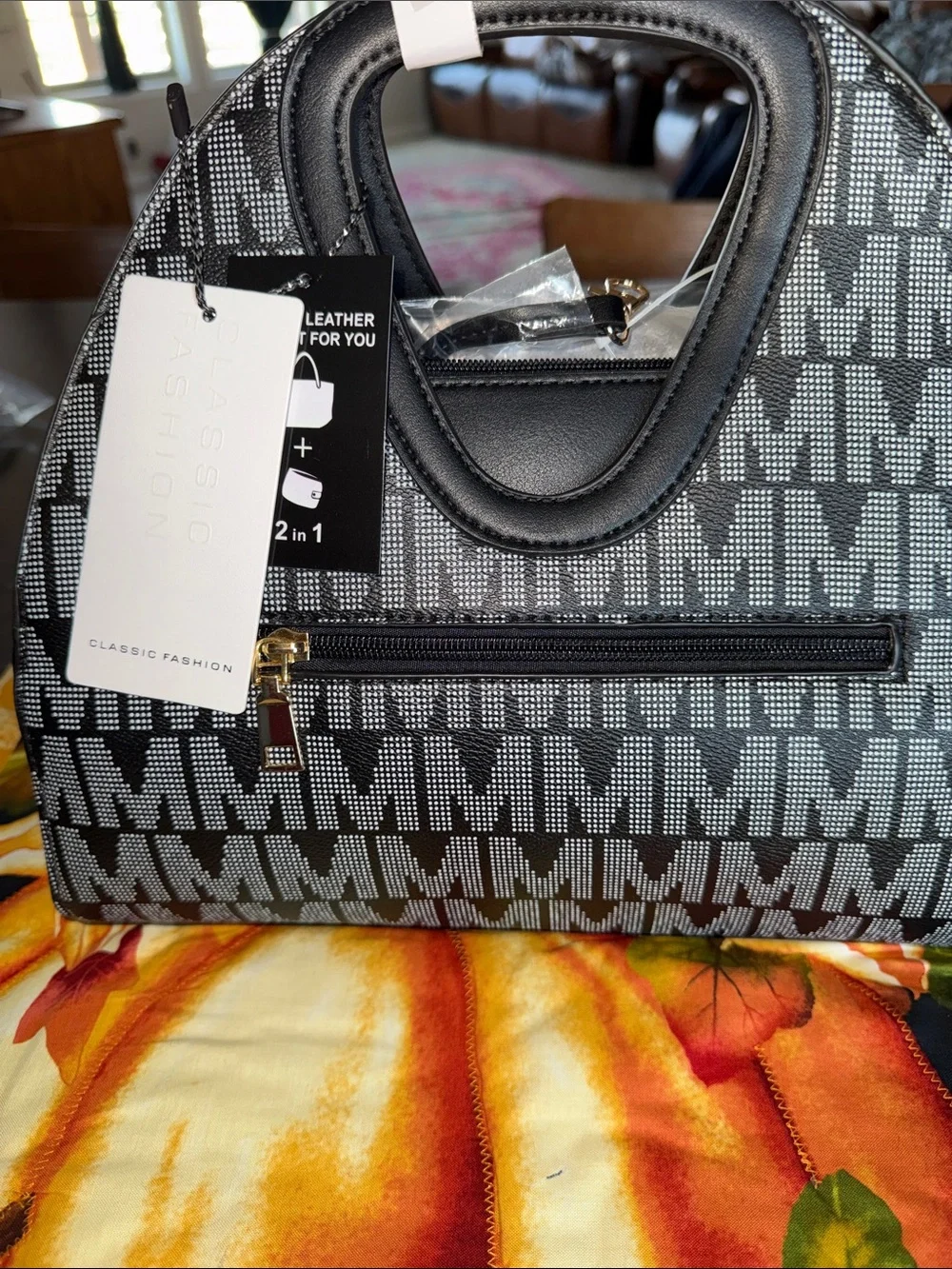 Black Patterned Top-Handle Women’s Bag with Front Zip Pocket w/wallet